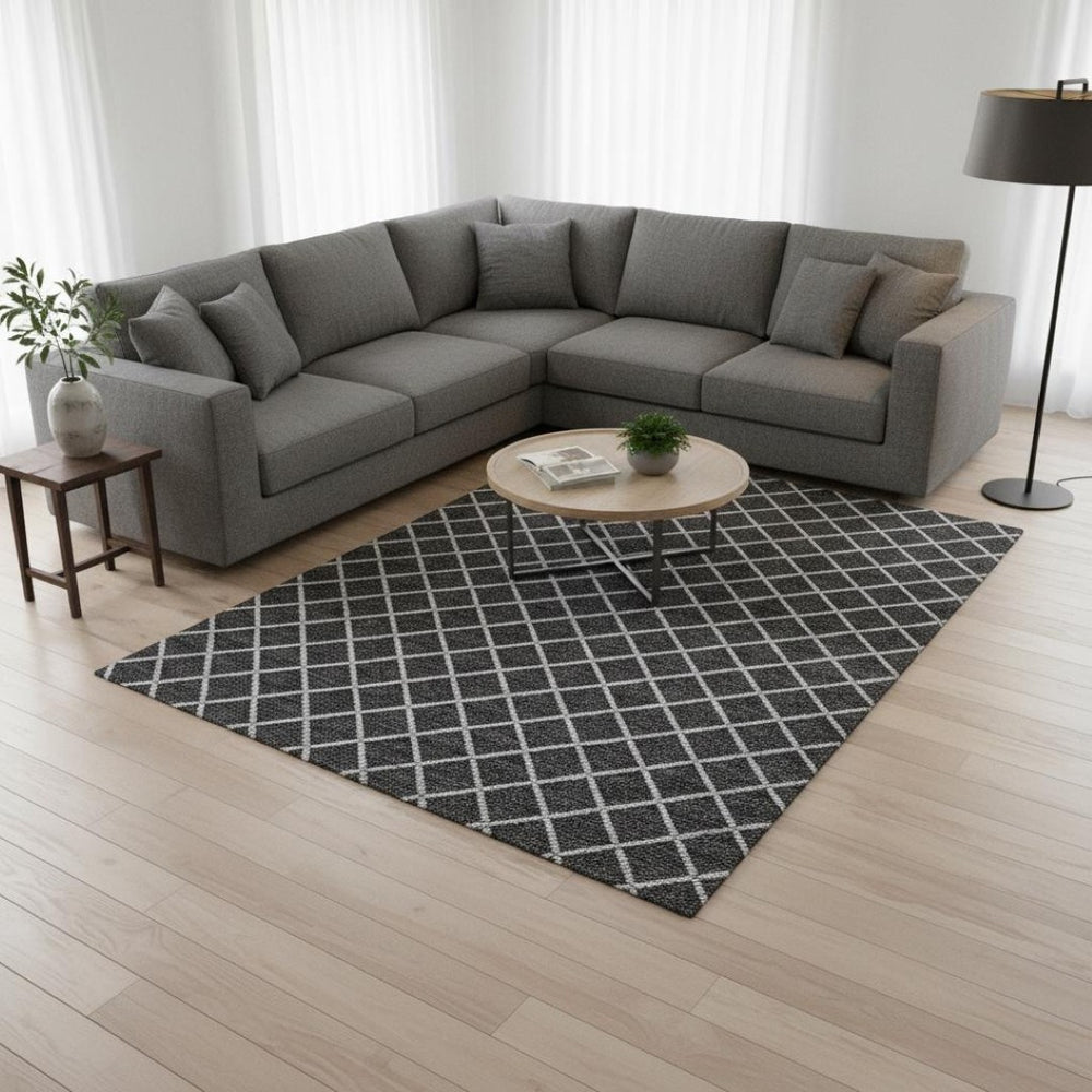 HomeRoots 9' X 12' Black And Ivory Geometric Area Rug - Machine Washable, UV Resistant, Perfect for Families! 645324