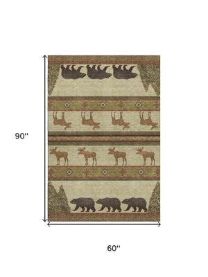 HomeRoots 5' X 8' Lodge-Inspired Brown Beige Rust Animal Print Area Rug – Washable, UV Protected, Stain Resistant! 645327