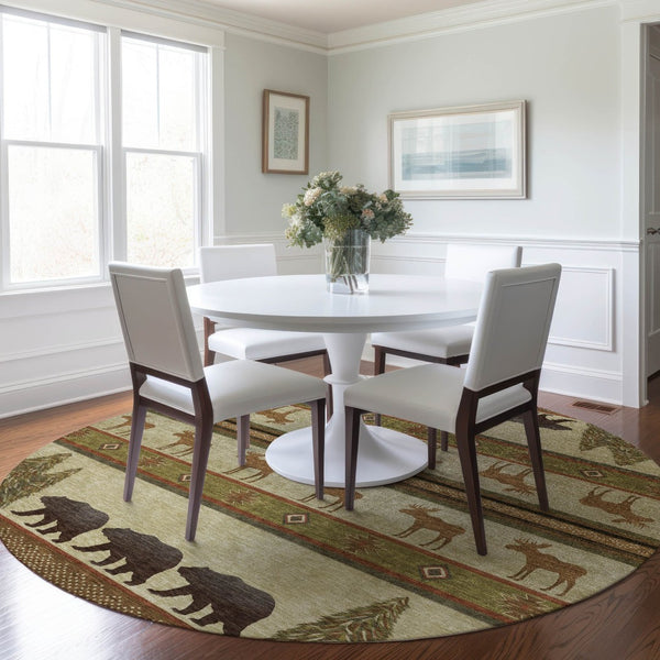 HomeRoots 8' Washable Round Rug in Brown, Beige & Rust - Durable Animal Print with UV Protection for Homes 645328