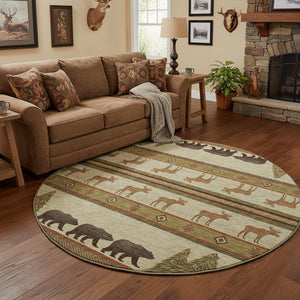 HomeRoots 8' Washable Round Rug in Brown, Beige & Rust - Durable Animal Print with UV Protection for Homes 645328