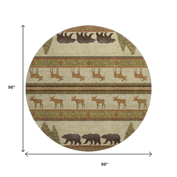 HomeRoots 8' Washable Round Rug in Brown, Beige & Rust - Durable Animal Print with UV Protection for Homes 645328