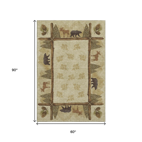 HomeRoots 5' X 8' Lodge-Inspired Washable Area Rug with Animal Print, UV Protection, and Stain Resistance 645333