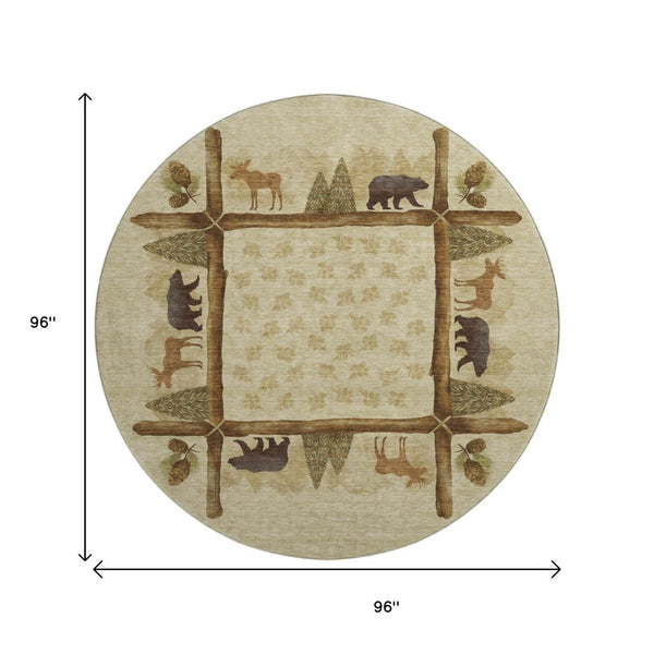 HomeRoots 8' Stylish Brown, Beige & Rust Animal Print Round Rug - Washable, UV Protected, Durable & Versatile! 645334