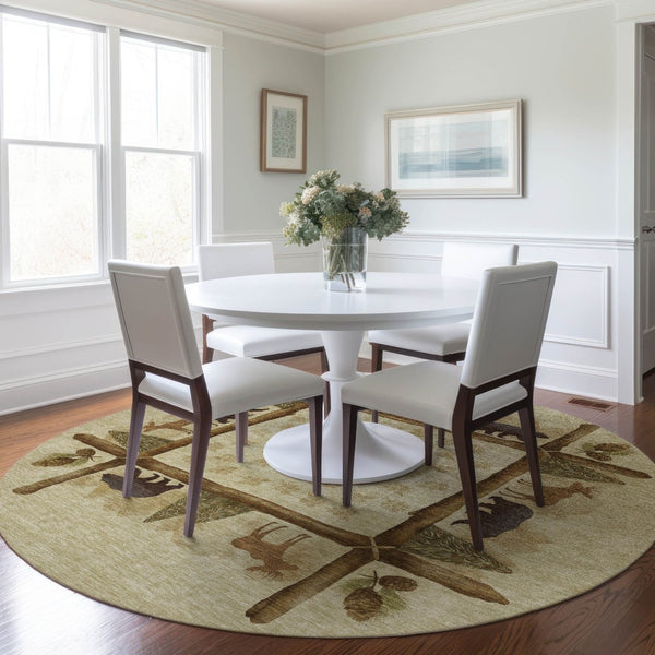 HomeRoots 8' Stylish Brown, Beige & Rust Animal Print Round Rug - Washable, UV Protected, Durable & Versatile! 645334