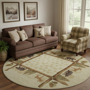 HomeRoots 8' Stylish Brown, Beige & Rust Animal Print Round Rug - Washable, UV Protected, Durable & Versatile! 645334