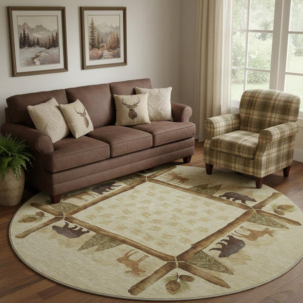 HomeRoots 8' Stylish Brown, Beige & Rust Animal Print Round Rug - Washable, UV Protected, Durable & Versatile! 645334
