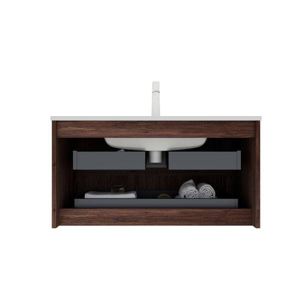 English Elm NOOR 36" Wall-Mounted Bathroom Vanity with Ceramic Sink, Retro Walnut Plywood, 2 Soft-Close Drawers W2615P193170