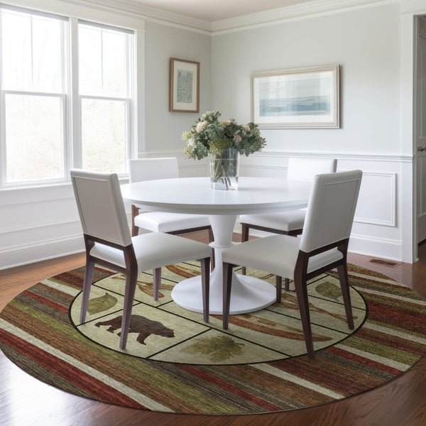 HomeRoots 8' Stylish Brown Beige Rust Animal Print Round Rug - Machine Washable, UV Protected & Stain Resistant! 645340