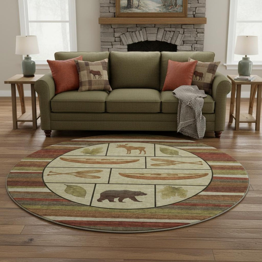 HomeRoots 8' Stylish Brown Beige Rust Animal Print Round Rug - Machine Washable, UV Protected & Stain Resistant! 645340