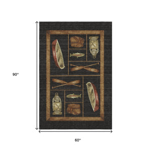 HomeRoots 5' X 8' Nautical Area Rug in Midnight Brown & Rust – UV Protected, Stain Resistant, Machine Washable 645345