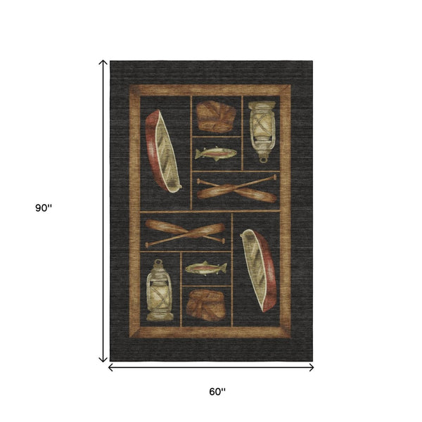 HomeRoots 5' X 8' Nautical Area Rug in Midnight Brown & Rust – UV Protected, Stain Resistant, Machine Washable 645345
