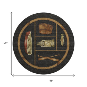 HomeRoots 8' Nautical Washable Round Rug in Midnight Brown & Rust – UV Protected, Durable, Easy-Care Design 645346