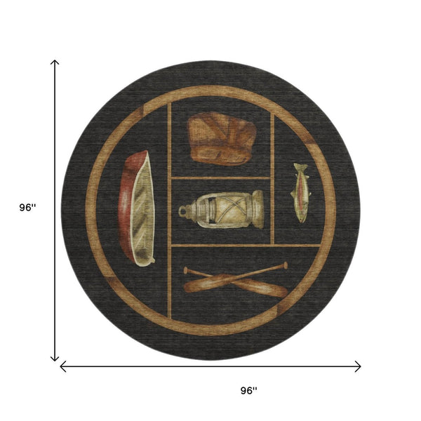 HomeRoots 8' Nautical Washable Round Rug in Midnight Brown & Rust – UV Protected, Durable, Easy-Care Design 645346