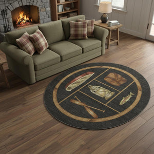 HomeRoots 8' Nautical Washable Round Rug in Midnight Brown & Rust – UV Protected, Durable, Easy-Care Design 645346