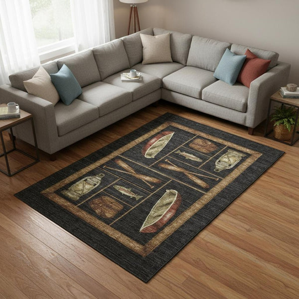 HomeRoots 8' X 10' Nautical Area Rug in Midnight Brown & Rust – Washable, UV-Protected & Stain-Resistant Design 645347