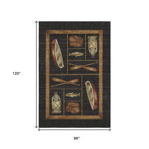 HomeRoots 8' X 10' Nautical Area Rug in Midnight Brown & Rust – Washable, UV-Protected & Stain-Resistant Design 645347