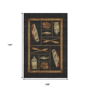 HomeRoots 9' X 12' Nautical Area Rug in Midnight Brown & Rust – Washable, UV-Protected, Durable Design for Homes 645348
