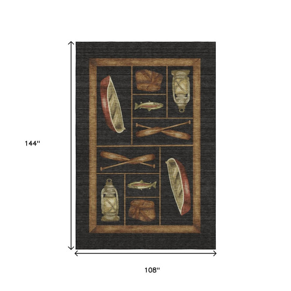 HomeRoots 9' X 12' Nautical Area Rug in Midnight Brown & Rust – Washable, UV-Protected, Durable Design for Homes 645348
