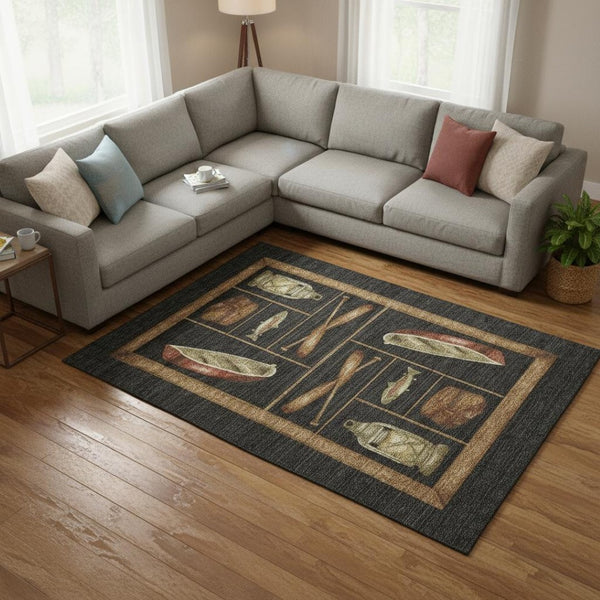 HomeRoots 9' X 12' Nautical Area Rug in Midnight Brown & Rust – Washable, UV-Protected, Durable Design for Homes 645348