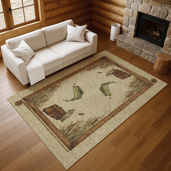 HomeRoots 5' X 8' Nautical Khaki Beige & Green Area Rug - Washable, Stain-Resistant, UV Protected for Homes 645351