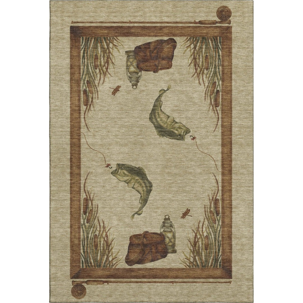HomeRoots 5' X 8' Nautical Khaki Beige & Green Area Rug - Washable, Stain-Resistant, UV Protected for Homes 645351