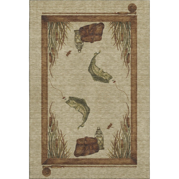 HomeRoots 5' X 8' Nautical Khaki Beige & Green Area Rug - Washable, Stain-Resistant, UV Protected for Homes 645351