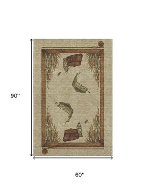 HomeRoots 5' X 8' Nautical Khaki Beige & Green Area Rug - Washable, Stain-Resistant, UV Protected for Homes 645351