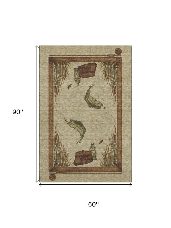 HomeRoots 5' X 8' Nautical Khaki Beige & Green Area Rug - Washable, Stain-Resistant, UV Protected for Homes 645351