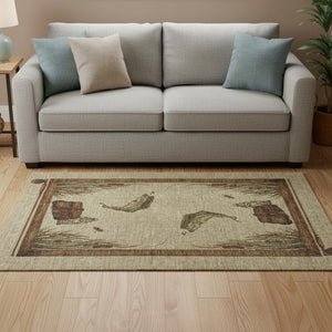 HomeRoots 5' X 8' Nautical Khaki Beige & Green Area Rug - Washable, Stain-Resistant, UV Protected for Homes 645351