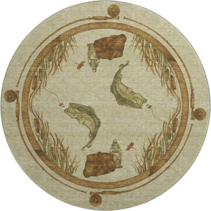 HomeRoots 8' Coastal Khaki Beige & Green Nautical Round Rug - Washable, Stain-Resistant with UV Protection! 645352