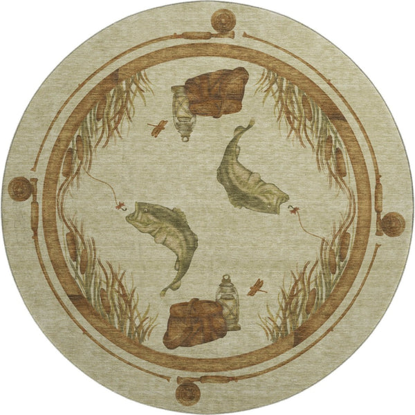 HomeRoots 8' Coastal Khaki Beige & Green Nautical Round Rug - Washable, Stain-Resistant with UV Protection! 645352