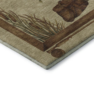 HomeRoots 8' Coastal Khaki Beige & Green Nautical Round Rug - Washable, Stain-Resistant with UV Protection! 645352