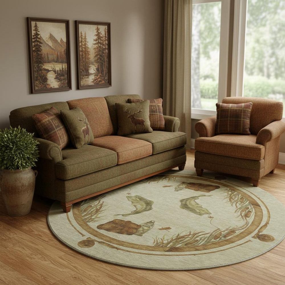 HomeRoots 8' Coastal Khaki Beige & Green Nautical Round Rug - Washable, Stain-Resistant with UV Protection! 645352