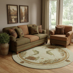 HomeRoots 8' Coastal Khaki Beige & Green Nautical Round Rug - Washable, Stain-Resistant with UV Protection! 645352