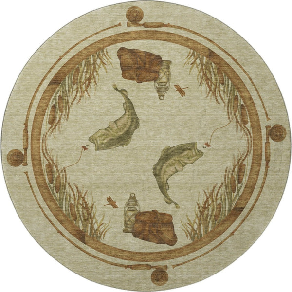 HomeRoots 8' Coastal Khaki Beige & Green Nautical Round Rug - Washable, Stain-Resistant with UV Protection! 645352