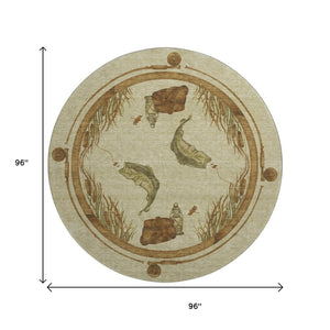 HomeRoots 8' Coastal Khaki Beige & Green Nautical Round Rug - Washable, Stain-Resistant with UV Protection! 645352