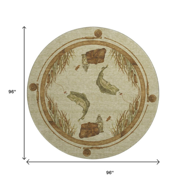 HomeRoots 8' Coastal Khaki Beige & Green Nautical Round Rug - Washable, Stain-Resistant with UV Protection! 645352