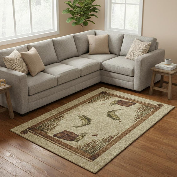 HomeRoots 8' X 10' Nautical Washable Area Rug in Khaki Beige & Green - Stain Resistant, UV Protected, Cozy Charm 645353