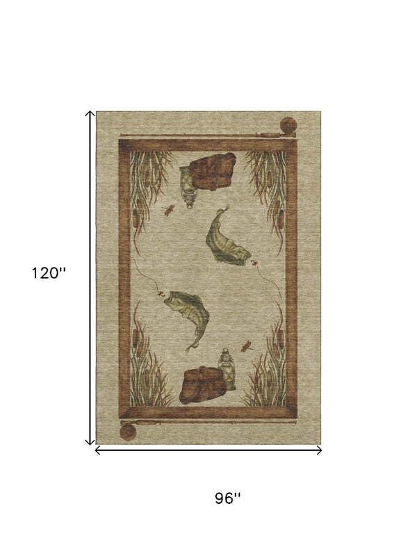 HomeRoots 8' X 10' Nautical Washable Area Rug in Khaki Beige & Green - Stain Resistant, UV Protected, Cozy Charm 645353