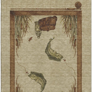 HomeRoots 8' X 10' Nautical Washable Area Rug in Khaki Beige & Green - Stain Resistant, UV Protected, Cozy Charm 645353