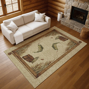 HomeRoots 9' X 12' Nautical Area Rug in Khaki Beige & Green – Washable, UV-Protected, Stain-Resistant Design! 645354
