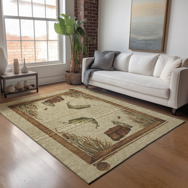HomeRoots 9' X 12' Nautical Area Rug in Khaki Beige & Green – Washable, UV-Protected, Stain-Resistant Design! 645354
