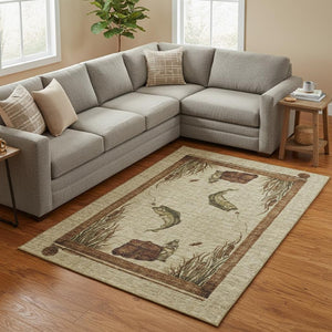 HomeRoots 9' X 12' Nautical Area Rug in Khaki Beige & Green – Washable, UV-Protected, Stain-Resistant Design! 645354