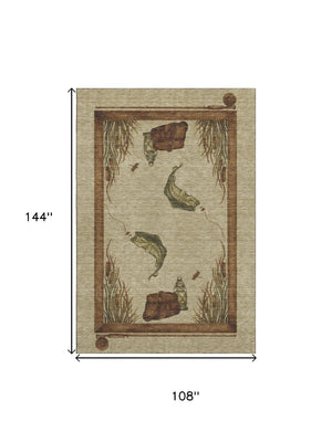 HomeRoots 9' X 12' Nautical Area Rug in Khaki Beige & Green – Washable, UV-Protected, Stain-Resistant Design! 645354