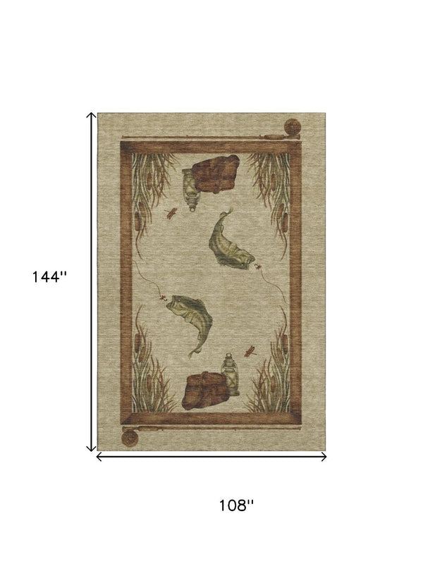 HomeRoots 9' X 12' Nautical Area Rug in Khaki Beige & Green – Washable, UV-Protected, Stain-Resistant Design! 645354