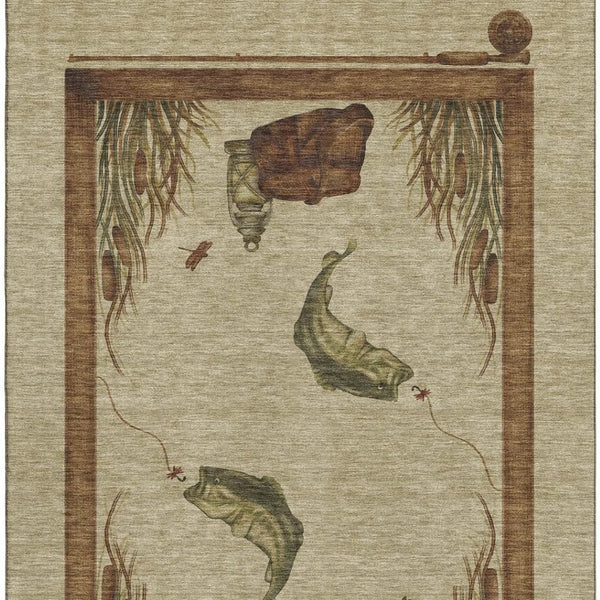 HomeRoots 9' X 12' Nautical Area Rug in Khaki Beige & Green – Washable, UV-Protected, Stain-Resistant Design! 645354