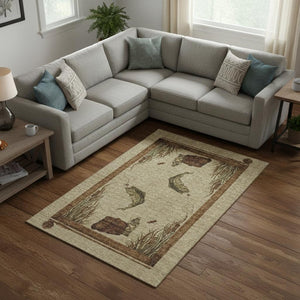 HomeRoots 10' Khaki Beige & Green Nautical Washable Area Rug - Durable, UV-Protected, Family-Friendly Design! 645355