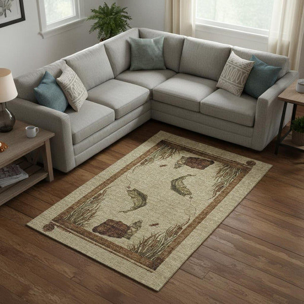 HomeRoots 10' Khaki Beige & Green Nautical Washable Area Rug - Durable, UV-Protected, Family-Friendly Design! 645355