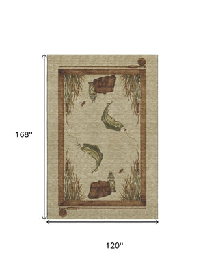 HomeRoots 10' Khaki Beige & Green Nautical Washable Area Rug - Durable, UV-Protected, Family-Friendly Design! 645355