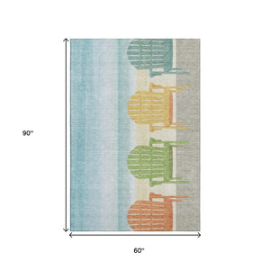HomeRoots 5' X 8' Nautical Aqua Green & Orange Area Rug – Durable, Washable, UV Protected for Coastal Charm 645357